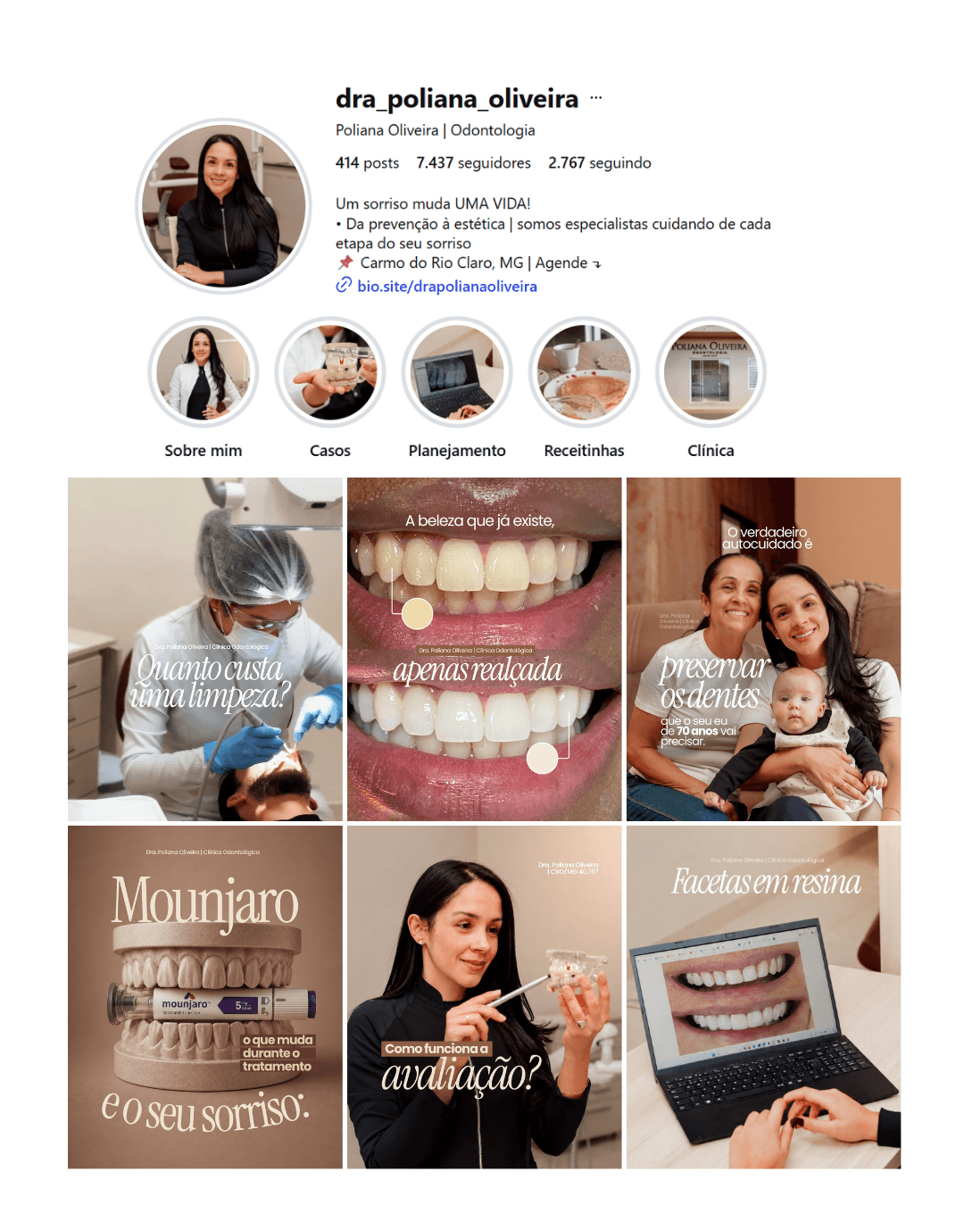 Perfil de Instagram da Dra. Poliana Oliveira com identidade visual profissional pela Clare Studio